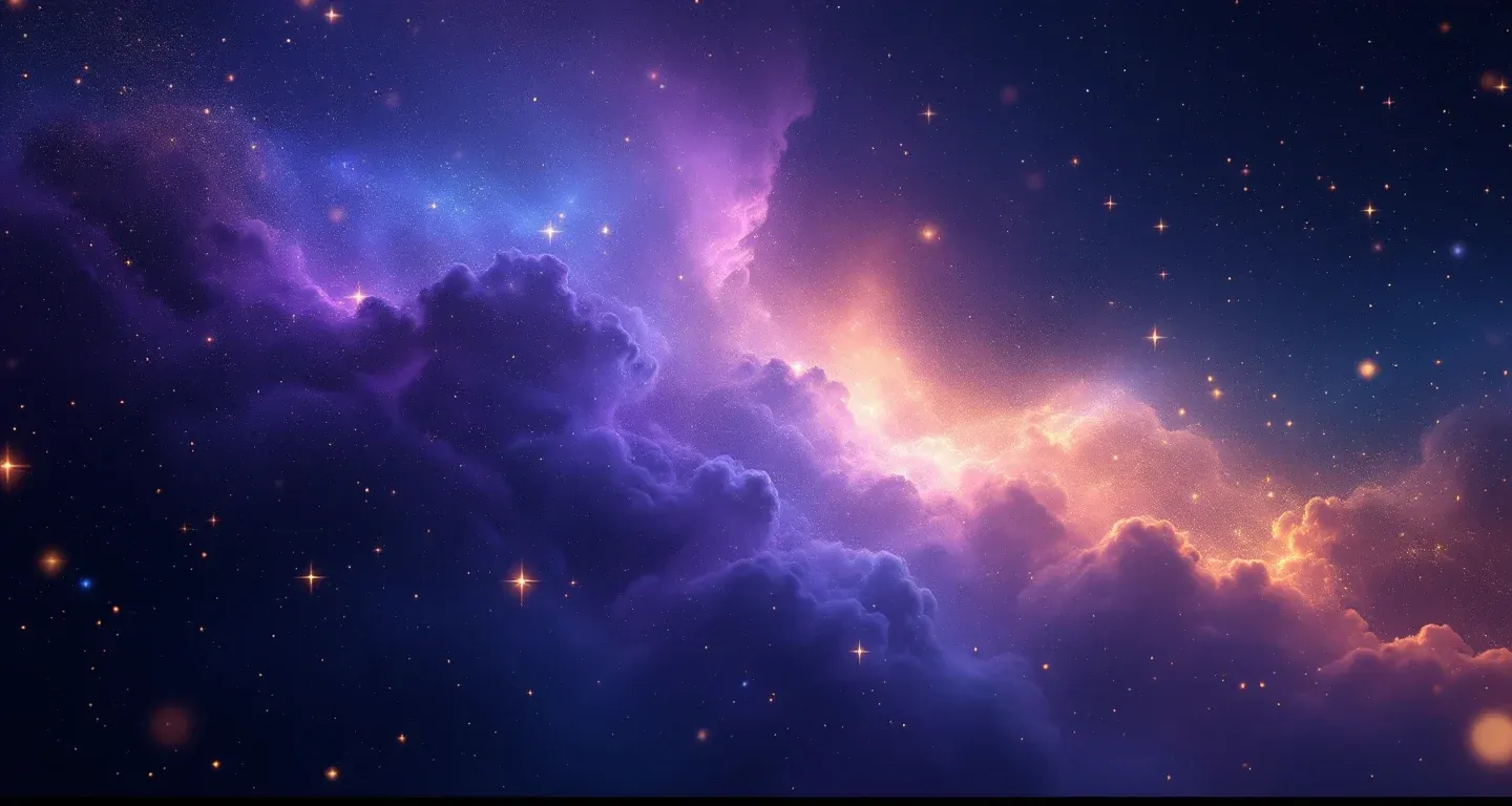Atmosphärische Traumszene aus purpurnen und magentafarbenen Nebeln sowie goldenen Sternen, die das Symbol Traumdeutungen.com im Traum sehen darstellt.