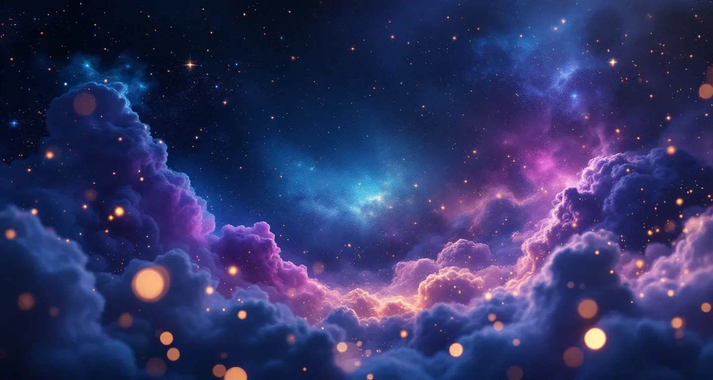 Escena onírica atmosférica con una nebulosa morado-magenta y estrellas doradas, que representa el símbolo de ver interpretaciones de sueños en un sueño.