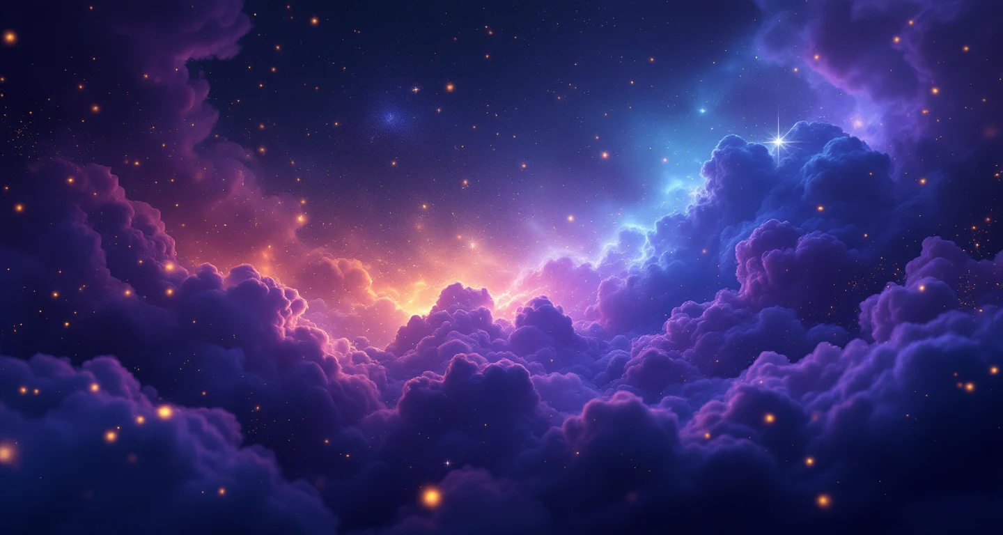 Rüyada Saat Görmek sembolünü temsil eden, mor-magenta bulutsu ve altın yıldızlardan oluşan atmosferik rüya sahnesi.