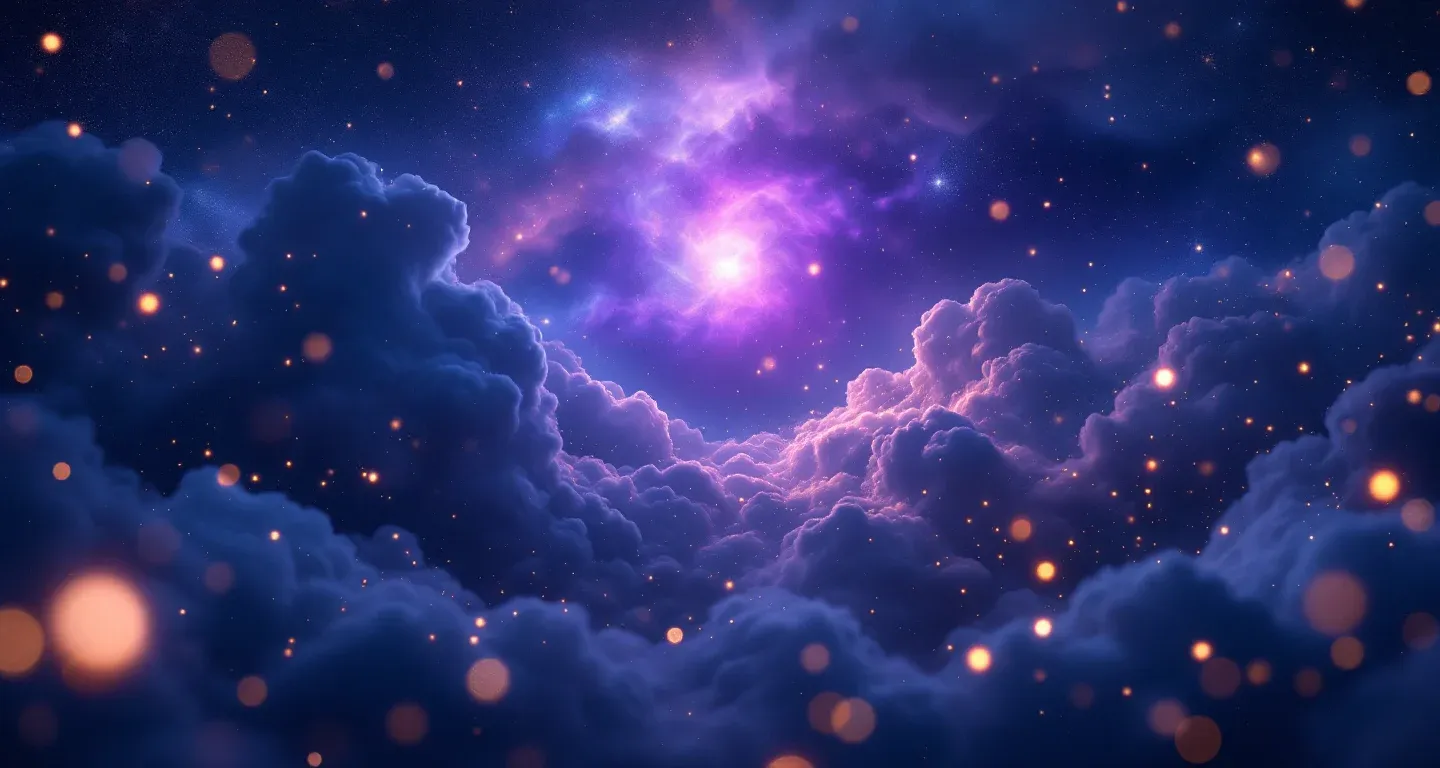 Escena onírica atmosférica con una neblina morado-magenta y estrellas doradas que representa el símbolo de verse con el cabello teñido en sueños.