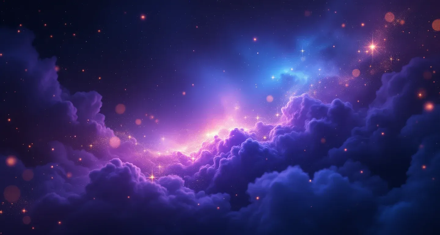 Atmosphärische Traumszene aus violett-magenta Wolken und goldenen Sternen, die das Symbol des fettig werdenden Haares im Traum darstellt.