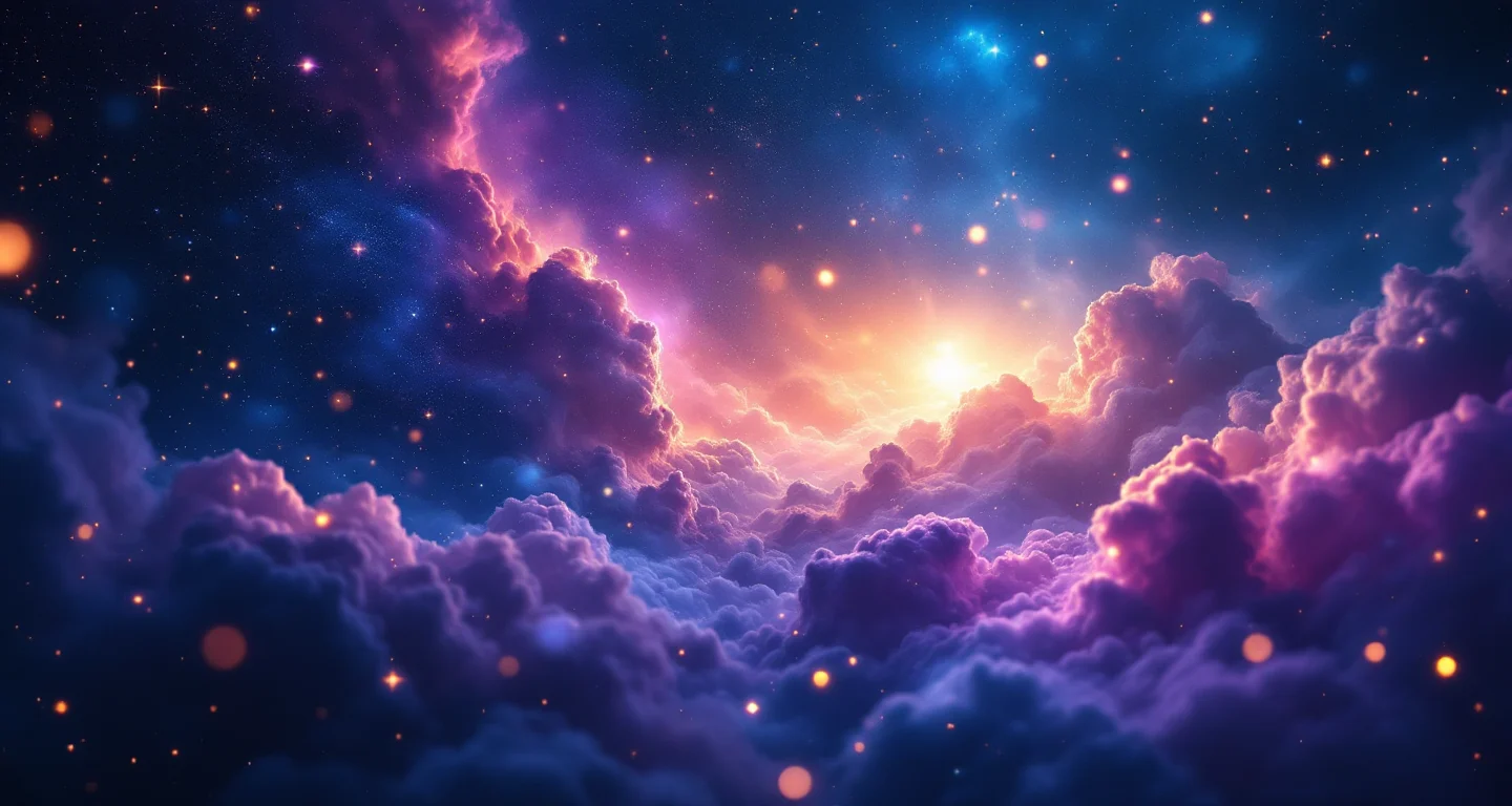 Rüyada Salatalık Görmek sembolünü temsil eden, mor-magenta bulutsu ve altın yıldızlardan oluşan atmosferik rüya sahnesi.