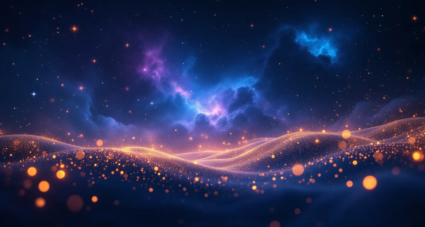Rüyada Salatalık Toplamak sembolünü temsil eden, mor-magenta bulutsu ve altın yıldızlardan oluşan atmosferik rüya sahnesi.