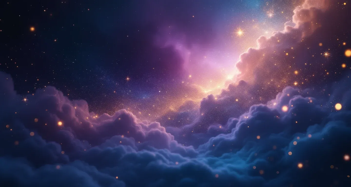 Atmosphärische Traumszene mit violett-magenta Nebel und goldenen Sternen, die das Symbol des Tomatenmarks im Traum darstellt.