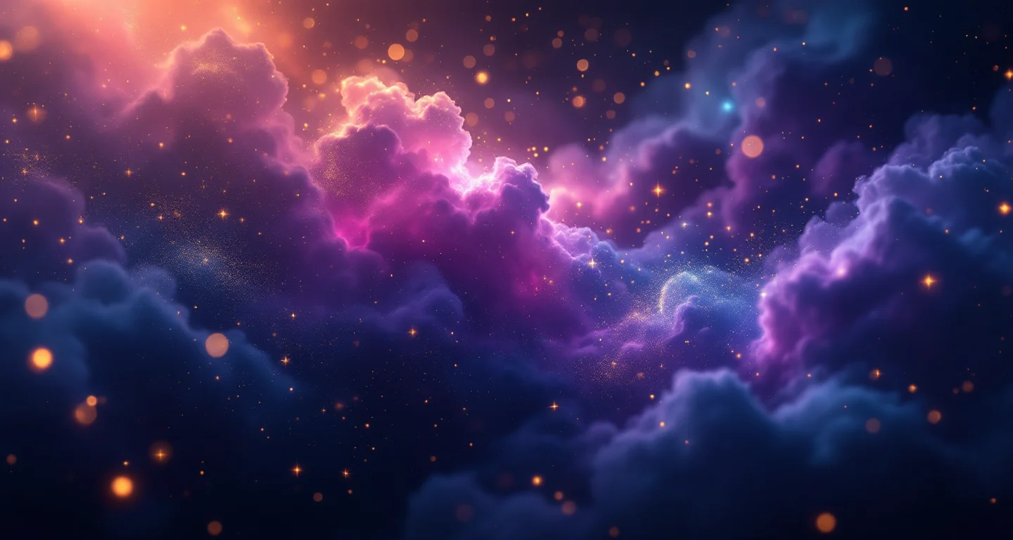 Rüyada Savaşta Olduğunu Görmek sembolünü temsil eden, mor-magenta bulutsu ve altın yıldızlardan oluşan atmosferik rüya sahnesi.