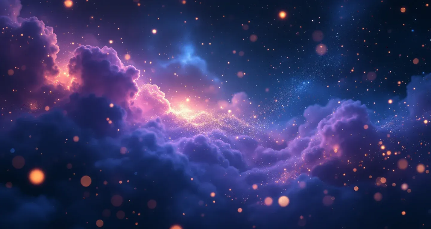 Atmosphärische Traumszene mit violett-magenta Nebel und goldenen Sternen, die das Symbol des Vor-der-Flut-Fliehens darstellt.