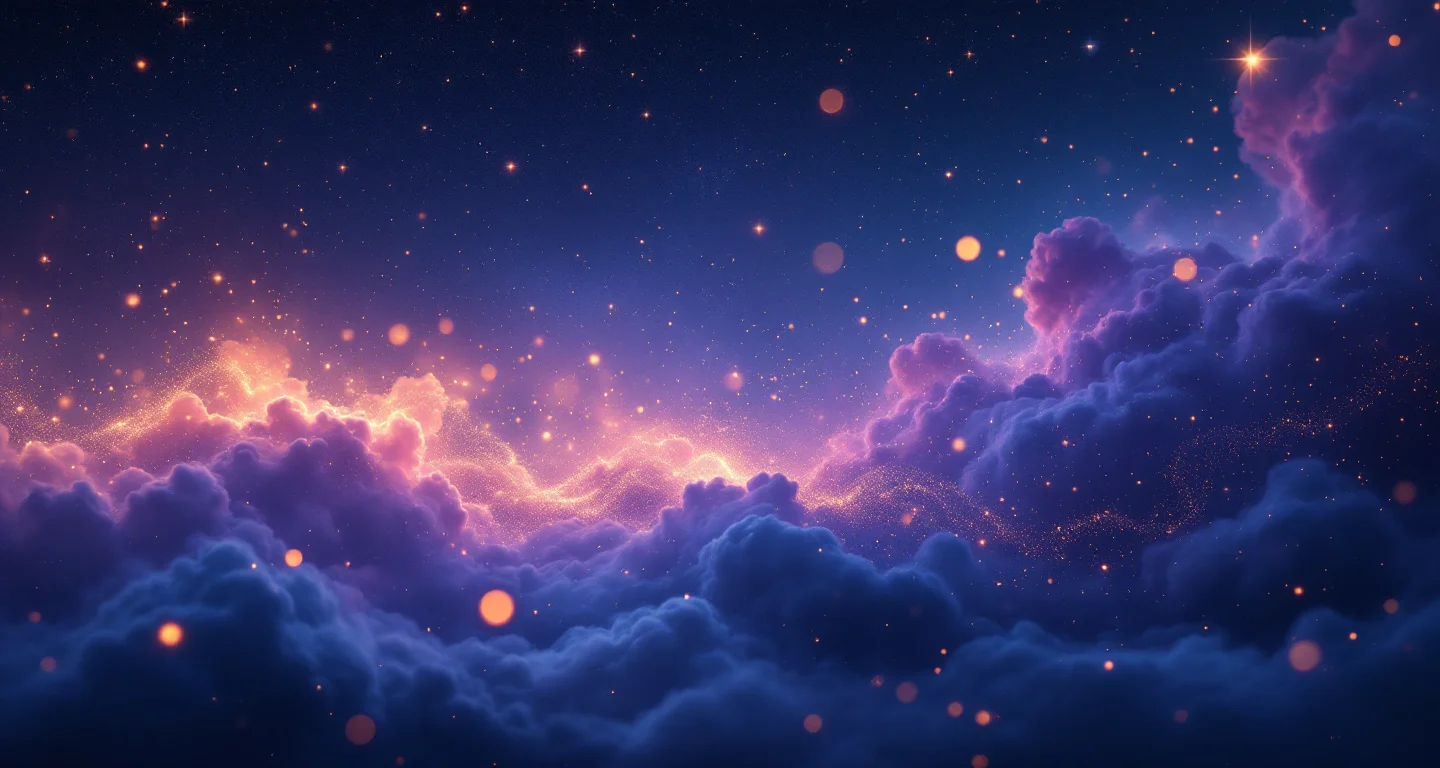 Rüyada Şemsiye Görmek sembolünü temsil eden, mor-magenta bulutsu ve altın yıldızlardan oluşan atmosferik rüya sahnesi.