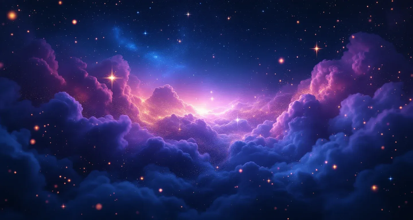 Atmosphärische Traumlandschaft aus violett-magenta Nebeln und goldenen Sternen, die das Symbol des Traums von der geliebten Tochter darstellt.
