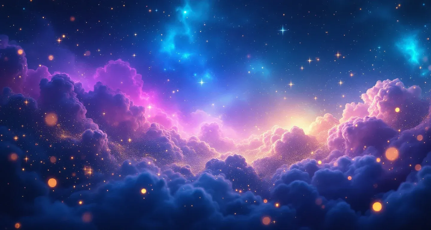 Atmosphärische Traumszene mit violett-magenta Wolkennebel und goldenen Sternen, die das Symbol Die geliebte Person im Traum sehen darstellt.