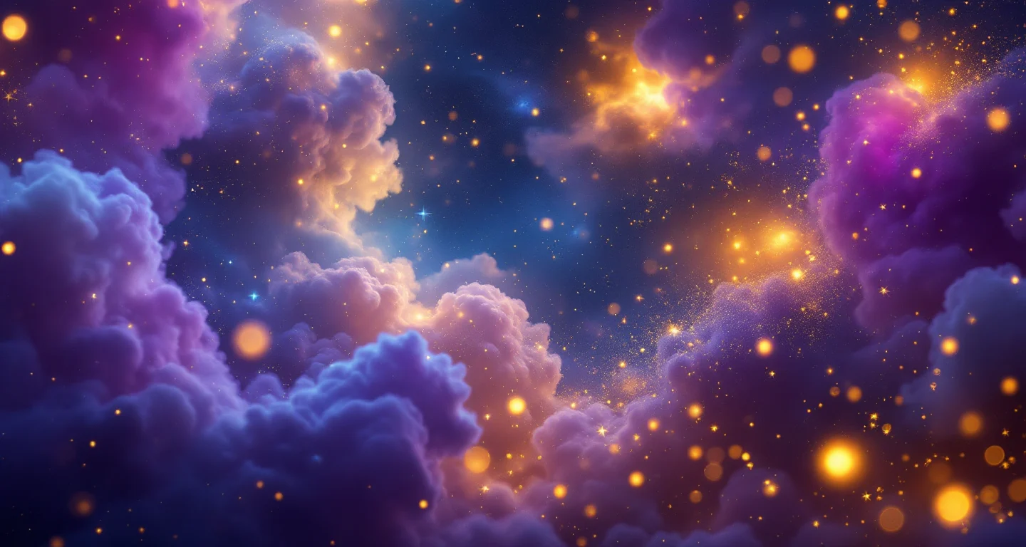 Rüyada Sevgilinin Karısıyla Konuşmak sembolünü temsil eden, mor-magenta bulutsu ve altın yıldızlardan oluşan atmosferik rüya sahnesi.