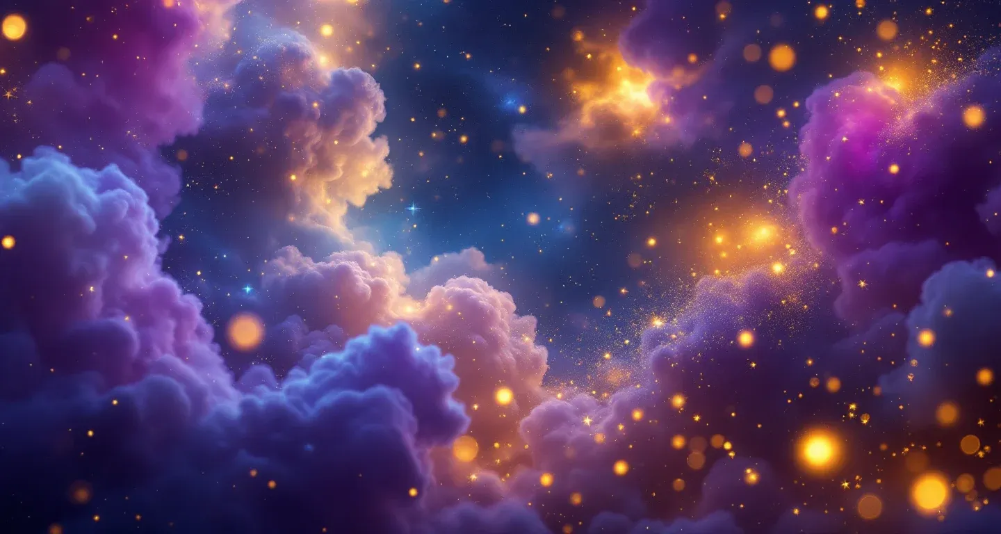 夢で恋人の妻と話す象徴を表す、紫がかったマゼンタの雲と金色の星々が漂う幻想的な夢の情景。