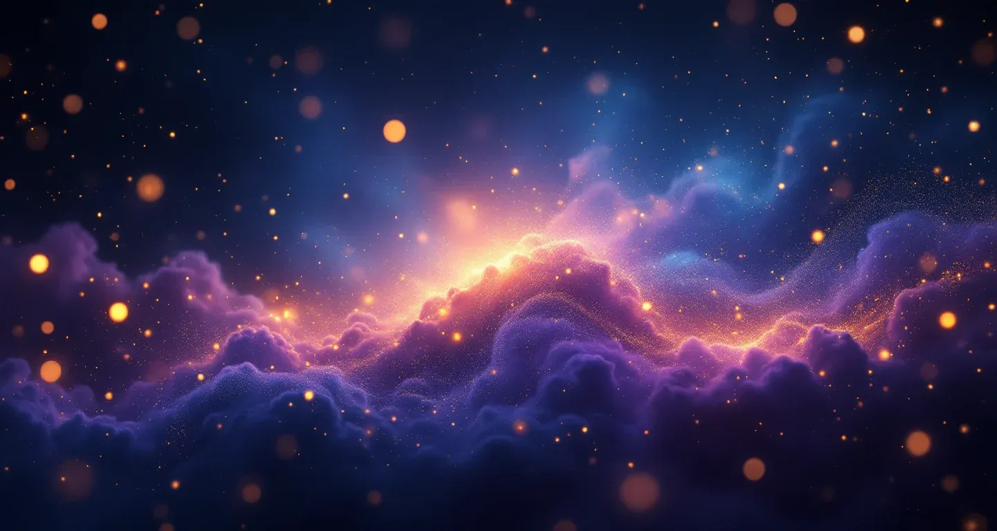 Rüyada Sigara İçmek Görmek sembolünü temsil eden, mor-magenta bulutsu ve altın yıldızlardan oluşan atmosferik rüya sahnesi.