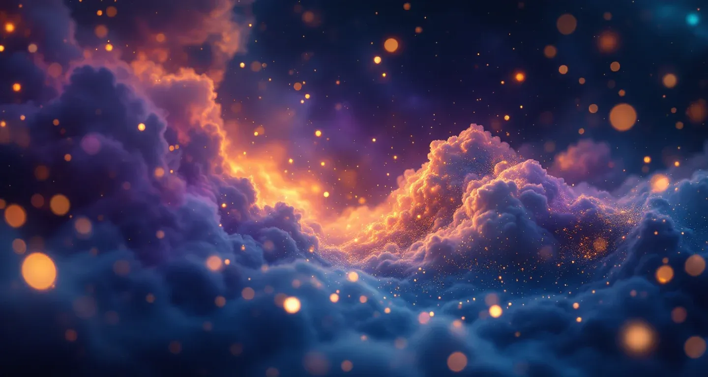 Atmosphärische Traumszene mit violett-magenta Wolkennebel und goldenen Sternen, die das Symbol, im Traum eine auf einen gerichtete Waffe zu sehen, darstellt.