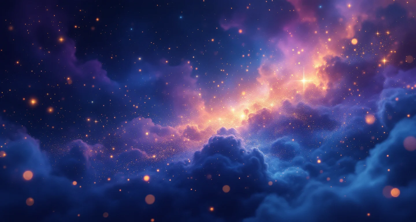 Rüyada Silah Görmek sembolünü temsil eden, mor-magenta bulutsu ve altın yıldızlardan oluşan atmosferik rüya sahnesi.