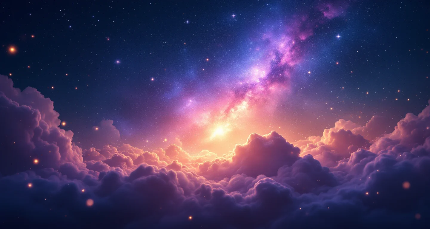 Rüyada Sınava Girmek sembolünü temsil eden, mor-magenta bulutsu ve altın yıldızlardan oluşan atmosferik rüya sahnesi.