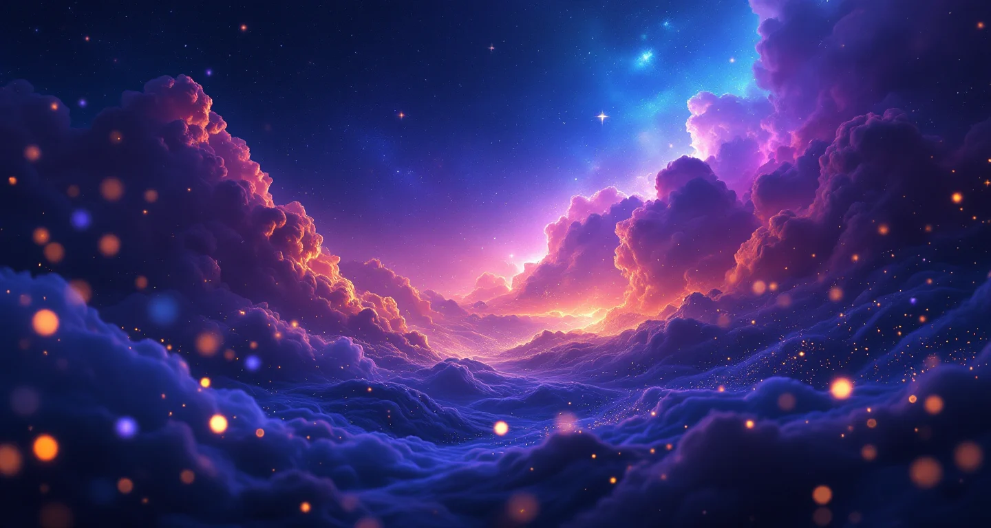 Rüyada Sınava Girmemek Görmek sembolünü temsil eden, mor-magenta bulutsu ve altın yıldızlardan oluşan atmosferik rüya sahnesi.