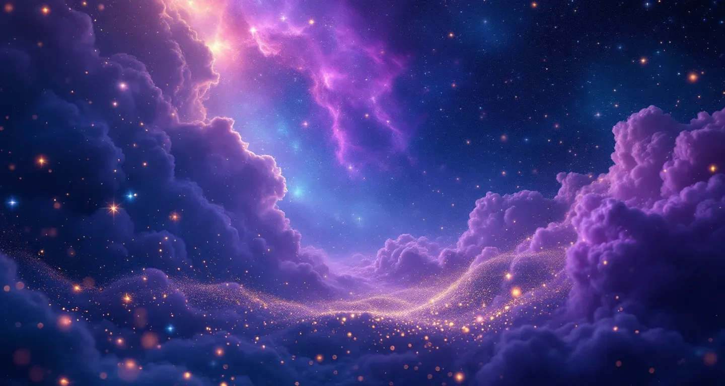 Rüyada Siyah Yılan Görmek sembolünü temsil eden, mor-magenta bulutsu ve altın yıldızlardan oluşan atmosferik rüya sahnesi.