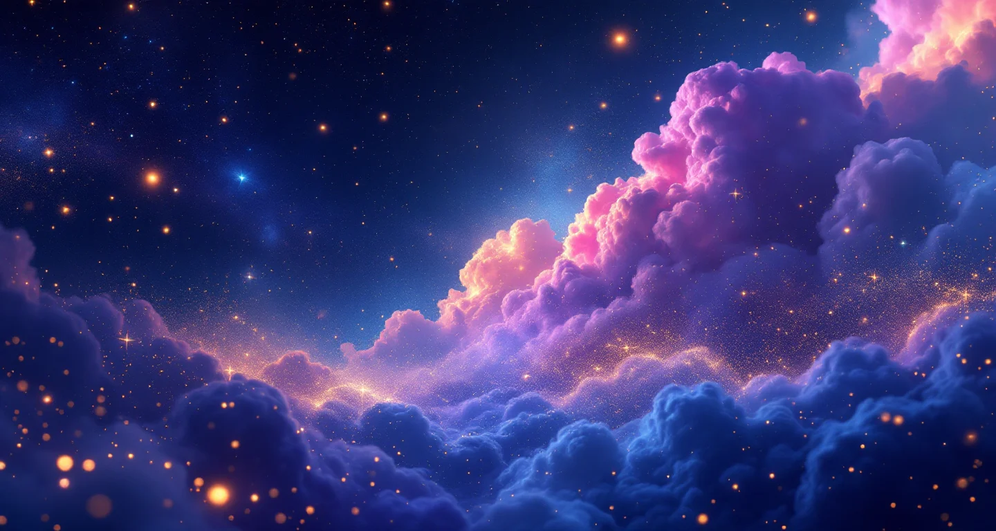 Ruyada Su Borusu Patlamasi Gormek sembolünü temsil eden, mor-magenta bulutsu ve altın yıldızlardan oluşan atmosferik rüya sahnesi.