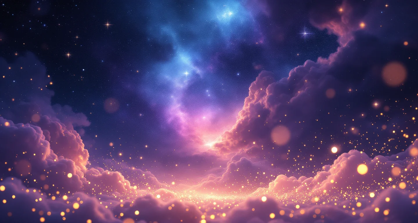 Rüyada Sütünün Gelmemesi Görmek sembolünü temsil eden, mor-magenta bulutsu ve altın yıldızlardan oluşan atmosferik rüya sahnesi.