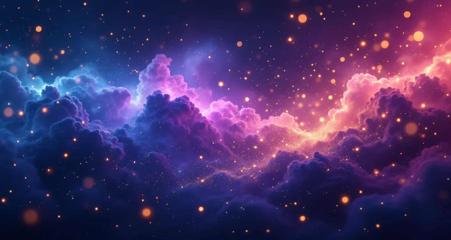 Escena onírica atmosférica con nebulosas morado-magenta y estrellas doradas que representa el símbolo de ver un pez dentro del agua en sueños según Diyanet.