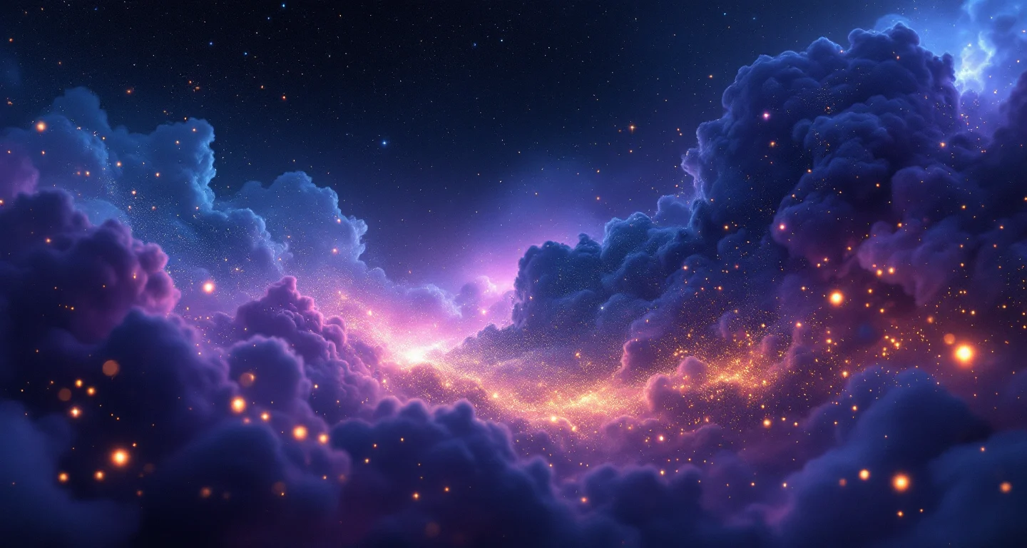 Rüyada Tanıdık Birinin Bebeği Olduğunu Görmek sembolünü temsil eden, mor-magenta bulutsu ve altın yıldızlardan oluşan atmosferik rüya sahnesi.