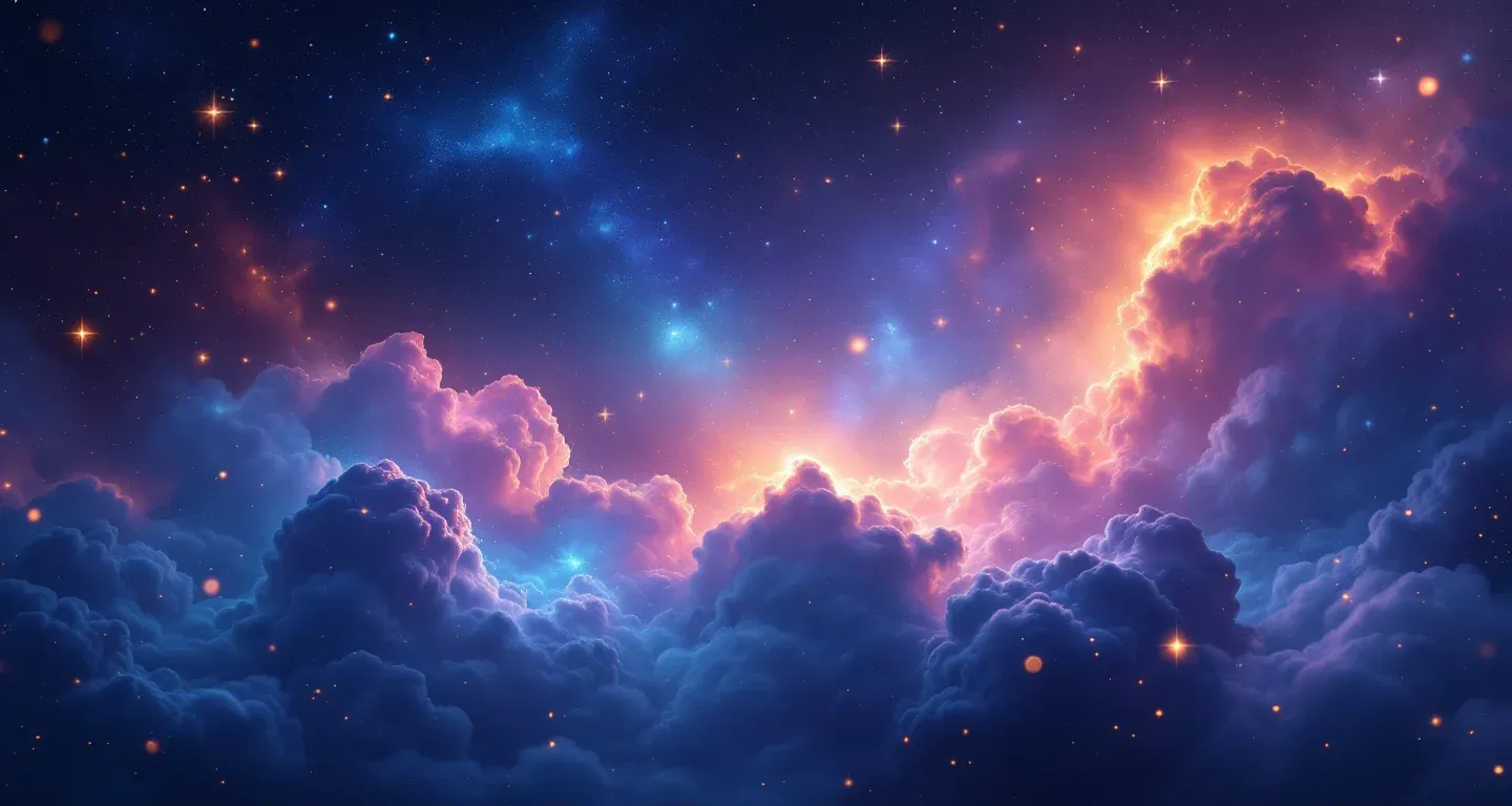 Scena onirica atmosferica con nebulose viola-magenta e stelle dorate, che rappresenta il simbolo di una persona conosciuta che offre denaro ma il sognatore lo rifiuta.