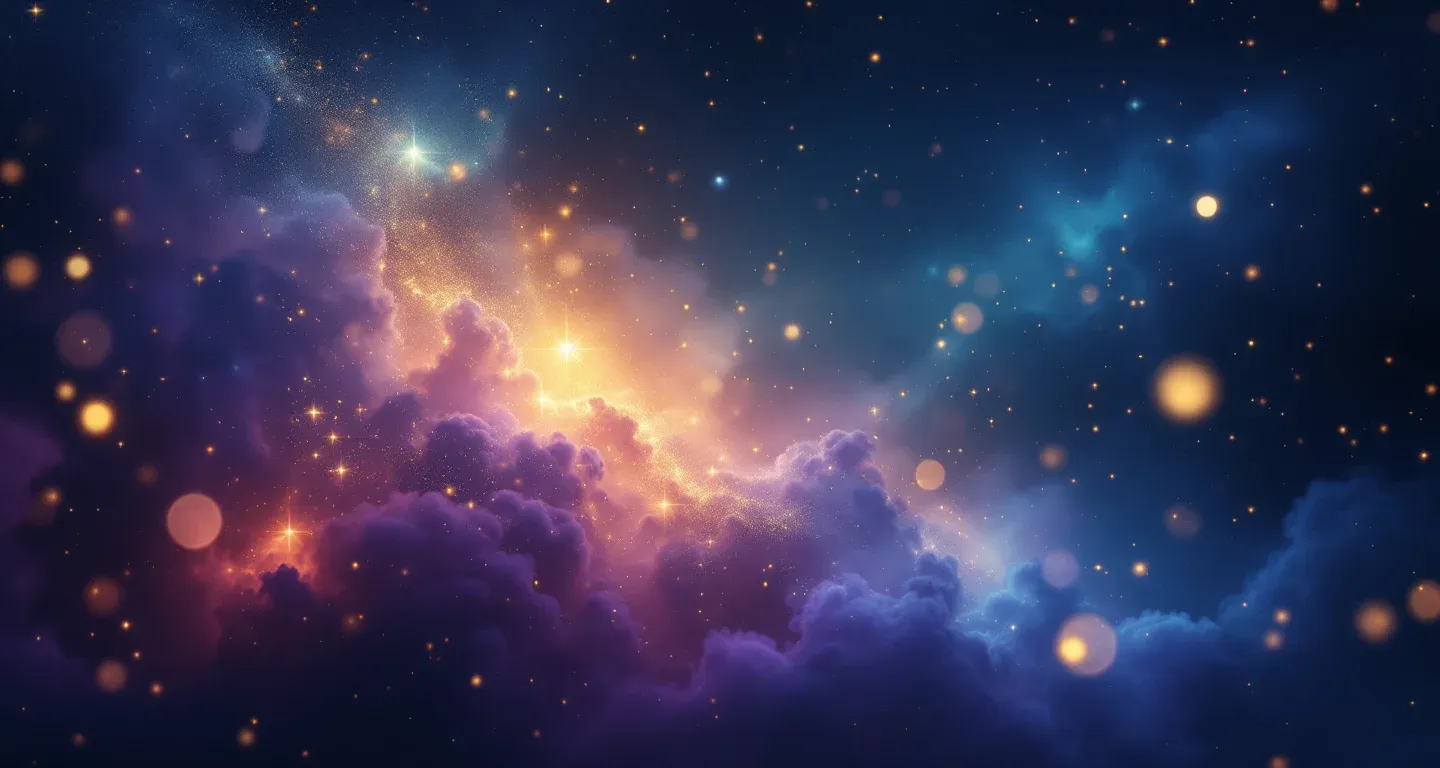 Atmosphärische Traumszene mit violett-magenta Wolkennebel und goldenen Sternen, die das Symbol „Im Traum sehen, dass die Haare einer bekannten Person grau werden“ darstellt.