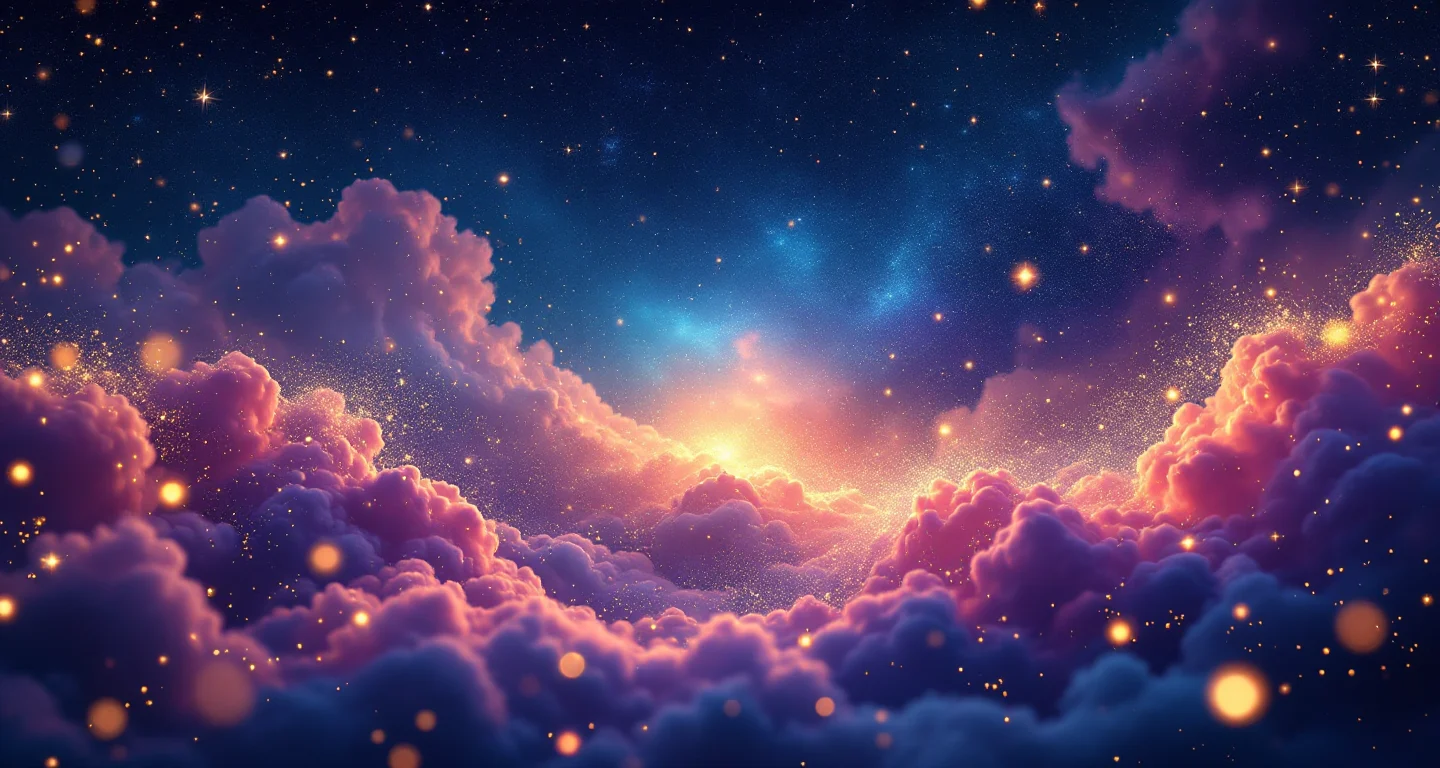 Rüyada Tanıdık Birini Hamile Görmek sembolünü temsil eden, mor-magenta bulutsu ve altın yıldızlardan oluşan atmosferik rüya sahnesi.