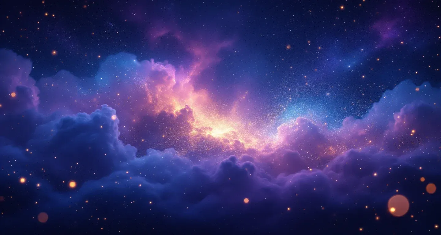Atmosphärische Traumlandschaft aus violett-magenta Nebel und goldenen Sternen, die das Symbol des Streits mit einer bekannten Person im Traum darstellt.