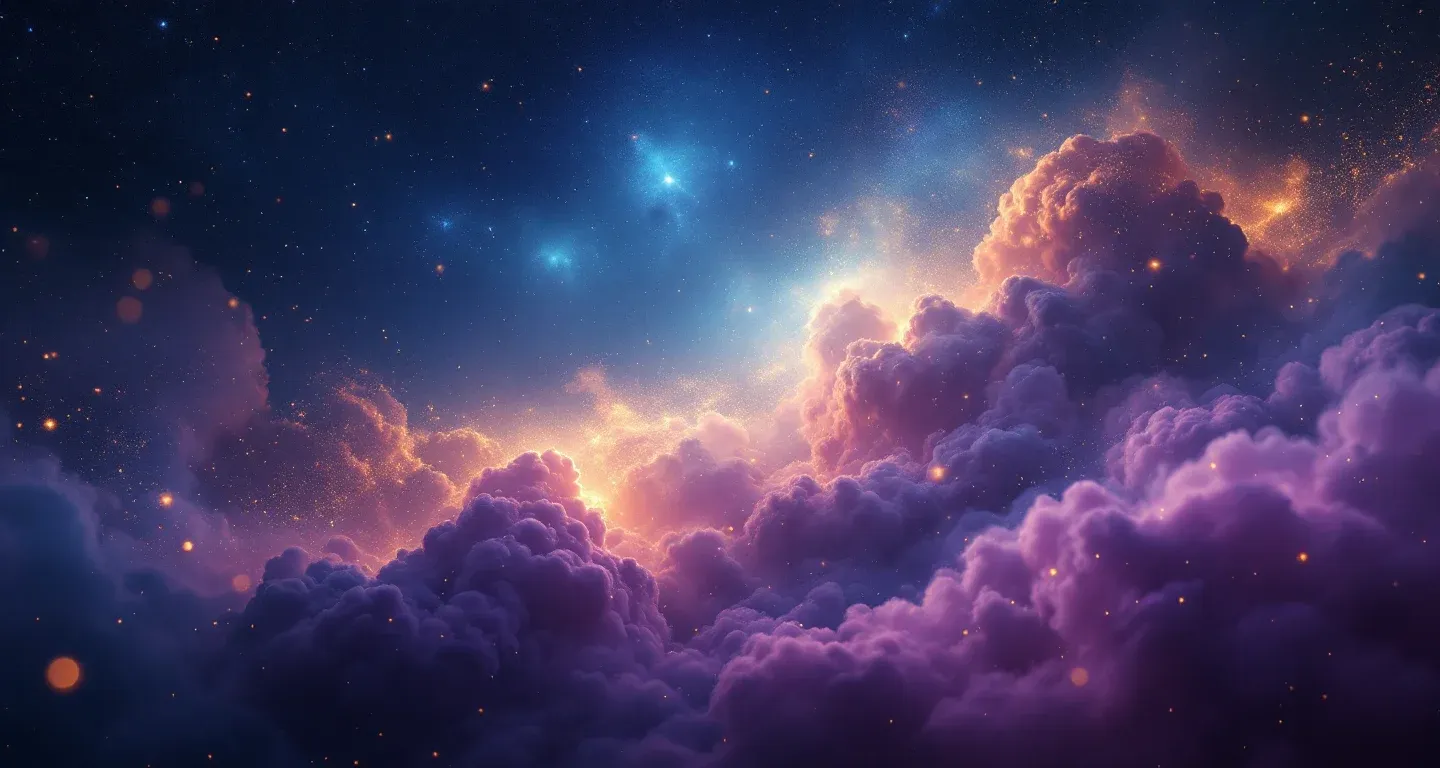Atmosphärische Traumszene aus violett-magenta Wolken und goldenen Sternen, die das Symbol ‚Im Traum von einem unbekannten Mann geküsst werden‘ darstellt.