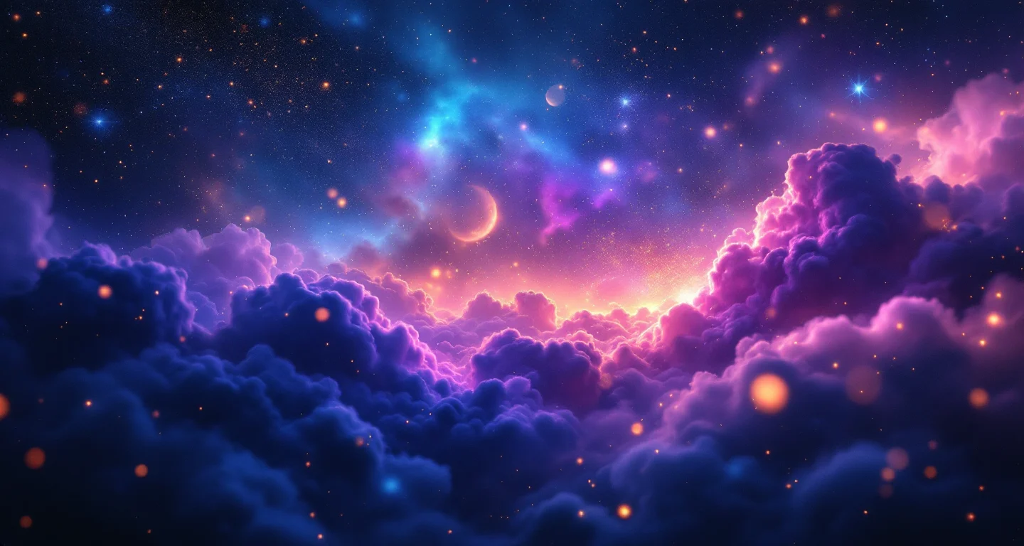 Rüyada Tanımadığın Kapalı Kadın Görmek sembolünü temsil eden, mor-magenta bulutsu ve altın yıldızlardan oluşan atmosferik rüya sahnesi.