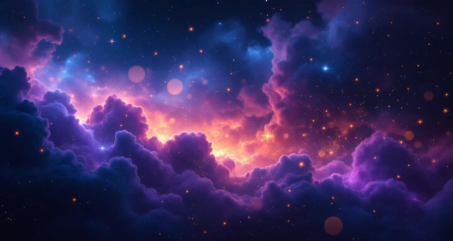 Rüyada Taş Ev Görmek sembolünü temsil eden, mor-magenta bulutsu ve altın yıldızlardan oluşan atmosferik rüya sahnesi.
