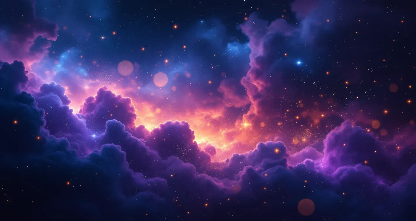 Atmosphärische Traumszene mit violett-magenta Nebel und goldenen Sternen, die das Symbol Ein Haus aus Stein im Traum sehen darstellt.