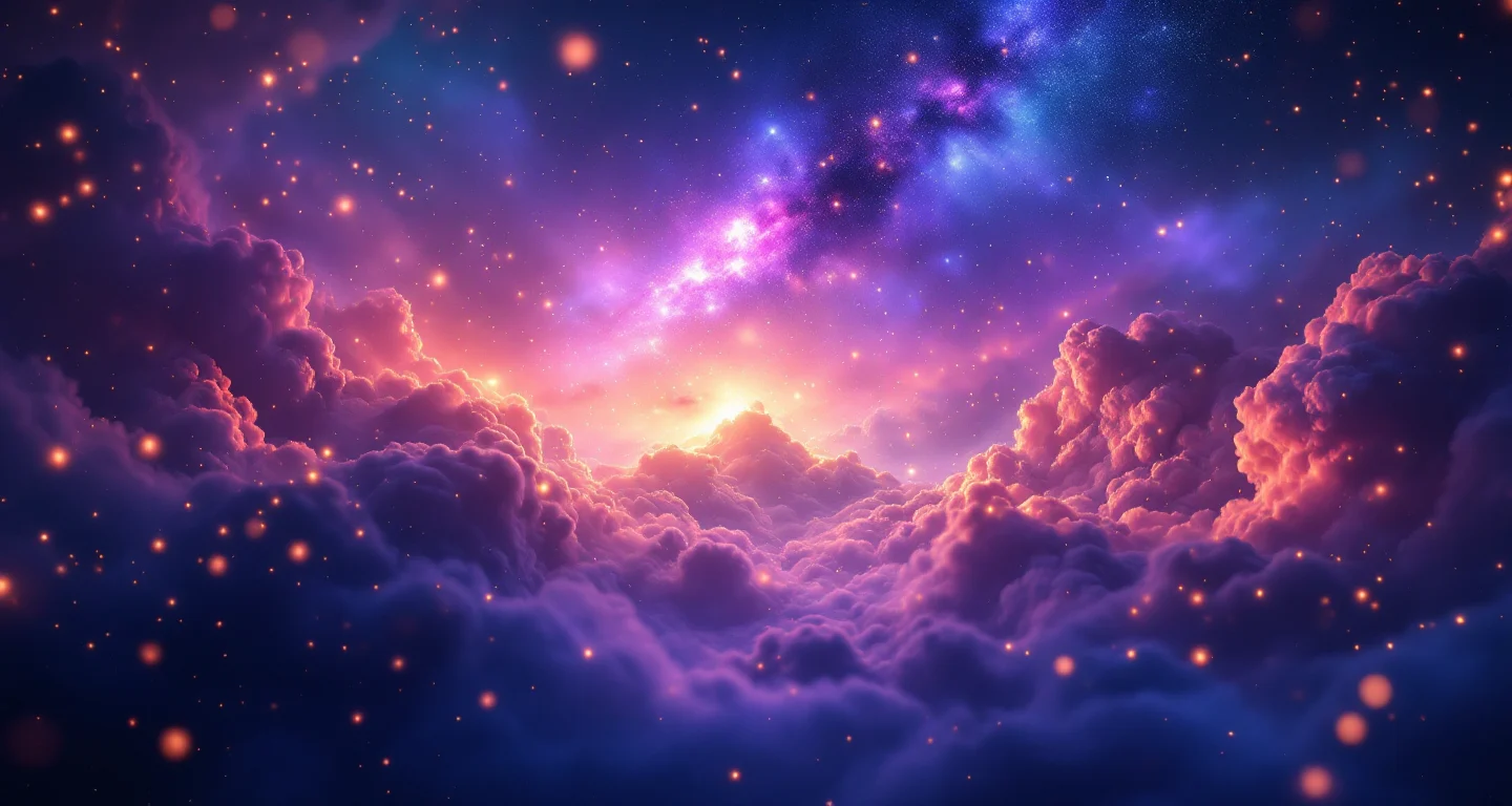 Rüyada Taşınmak Görmek sembolünü temsil eden, mor-magenta bulutsu ve altın yıldızlardan oluşan atmosferik rüya sahnesi.