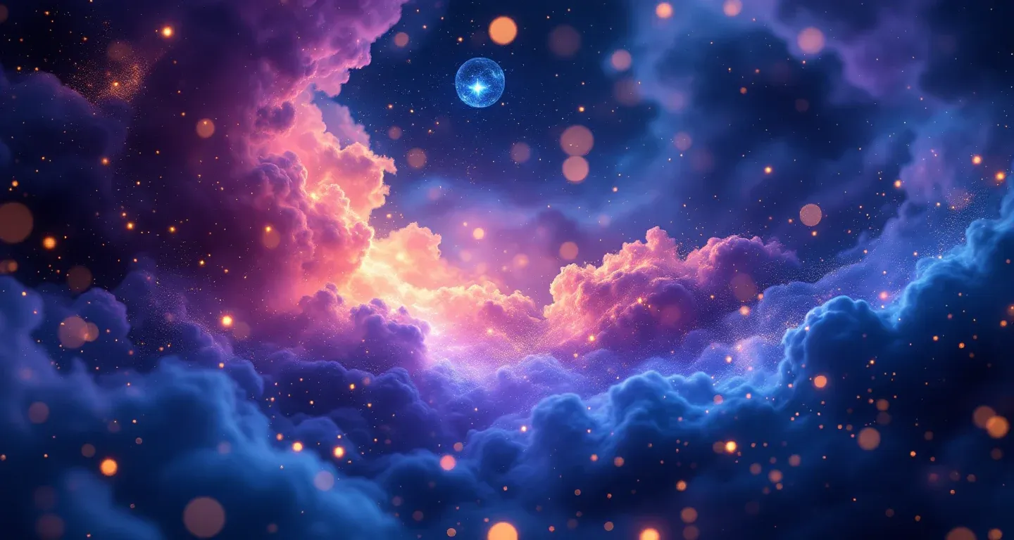 夢の中でお菓子を配る象徴を表す、紫からマゼンタの星雲と金色の星々が漂う幻想的な夢の情景。