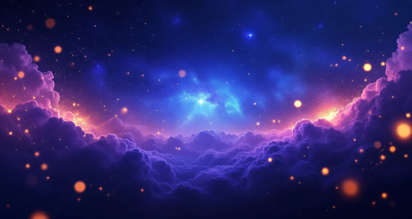 Escena onírica atmosférica con nebulosa morado-magenta y estrellas doradas que representa el símbolo de soñar con dulces.