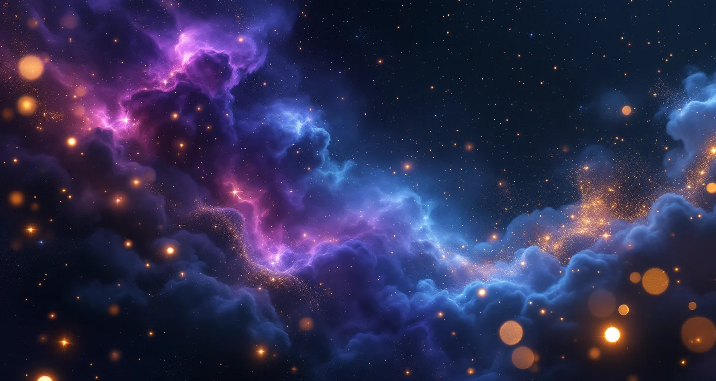 Rüyada Tatlı Yapmak sembolünü temsil eden, mor-magenta bulutsu ve altın yıldızlardan oluşan atmosferik rüya sahnesi.