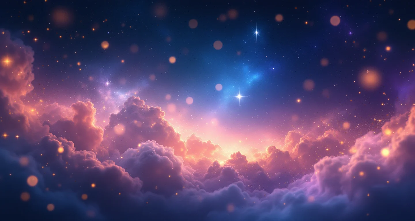 Rüyada Tavşan Görmek sembolünü temsil eden, mor-magenta bulutsu ve altın yıldızlardan oluşan atmosferik rüya sahnesi.