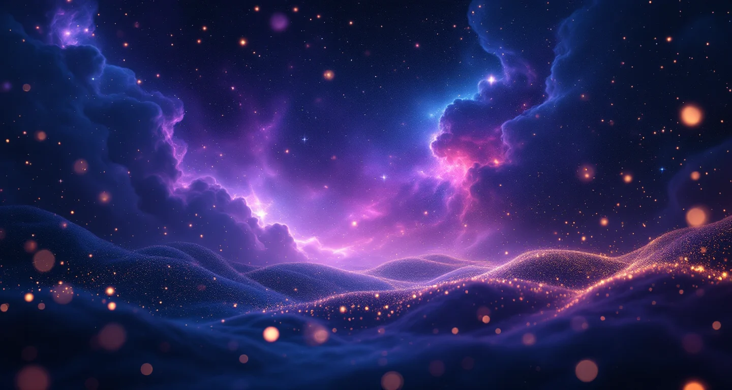 Rüyada Tavuk Görmek sembolünü temsil eden, mor-magenta bulutsu ve altın yıldızlardan oluşan atmosferik rüya sahnesi.