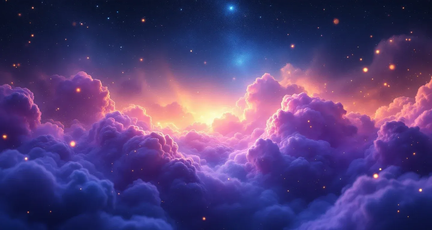 Atmosphärische Traumszene mit violett-magenta Nebel und goldenen Sternen, die das Symbol Grüne Bohnen im Traum sehen darstellt.