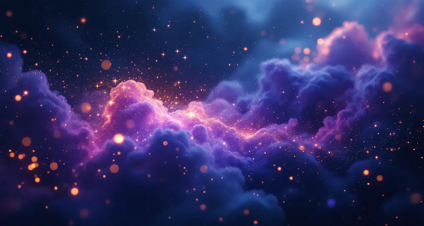 Atmosphärische Traumszene mit violett-magenta Nebel und goldenen Sternen, die das Symbol des Handyverlusts im Traum darstellt.