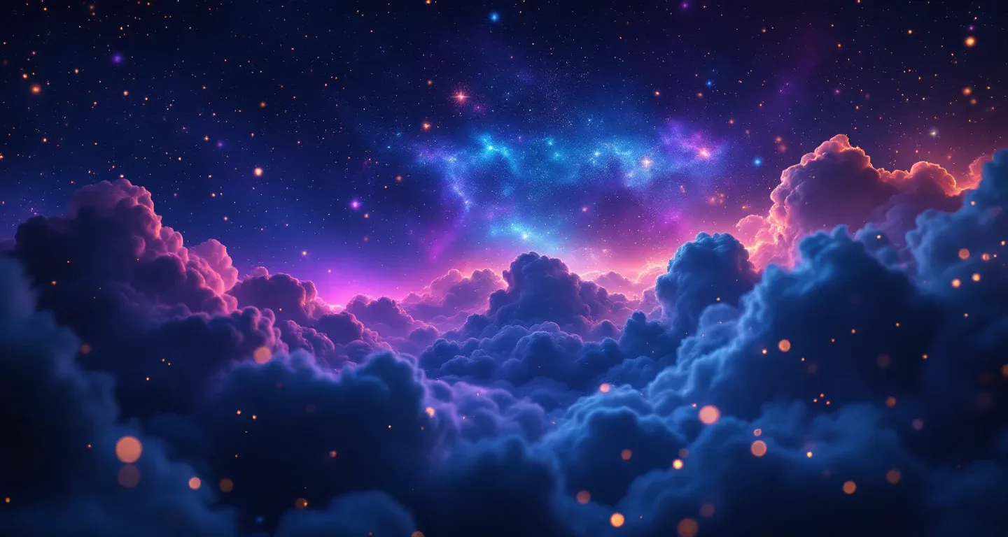 Eine atmosphärische Traumszene aus violett-magentafarbenen Nebeln und goldenen Sternen, die das Symbol des Traums vom Telefonieren darstellt.