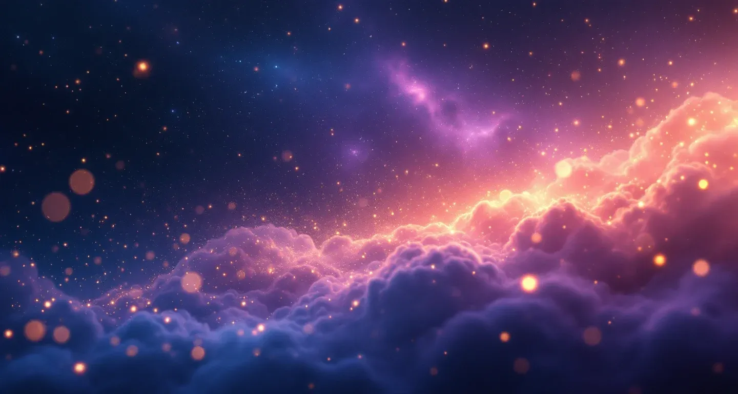 Atmosphärische Traumlandschaft aus violett-magenta Nebel und goldenen Sternen, die das Symbol des im Traum gestohlenen Telefons darstellt.