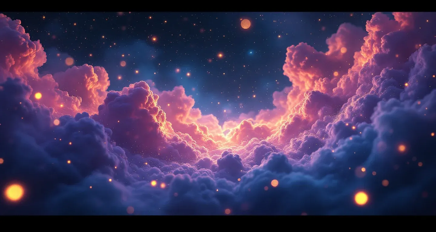 Atmosphärische Traumszene mit violett-magenta Nebel und goldenen Sternen, die das Symbol Im Traum putzen darstellt.