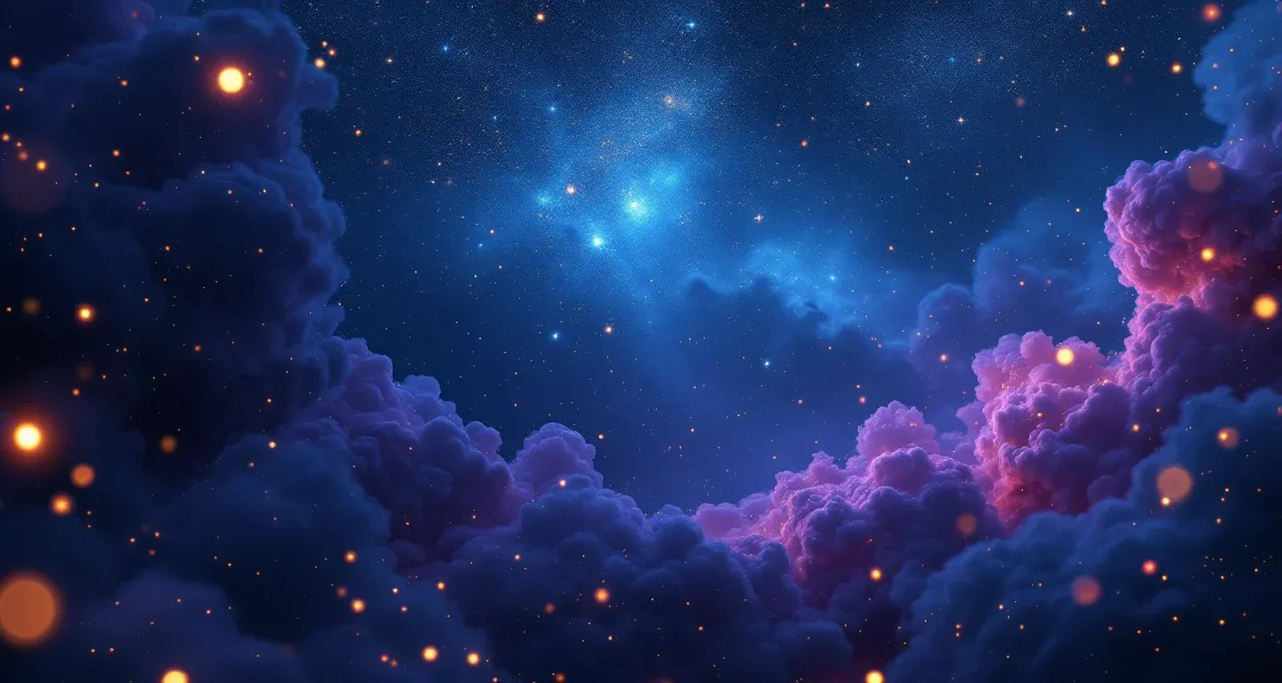 Atmosphärische Traumlandschaft mit violett-magenta Nebel und goldenen Sternen, die das Symbol ‚Im Traum Pantoffeln sehen‘ darstellt.