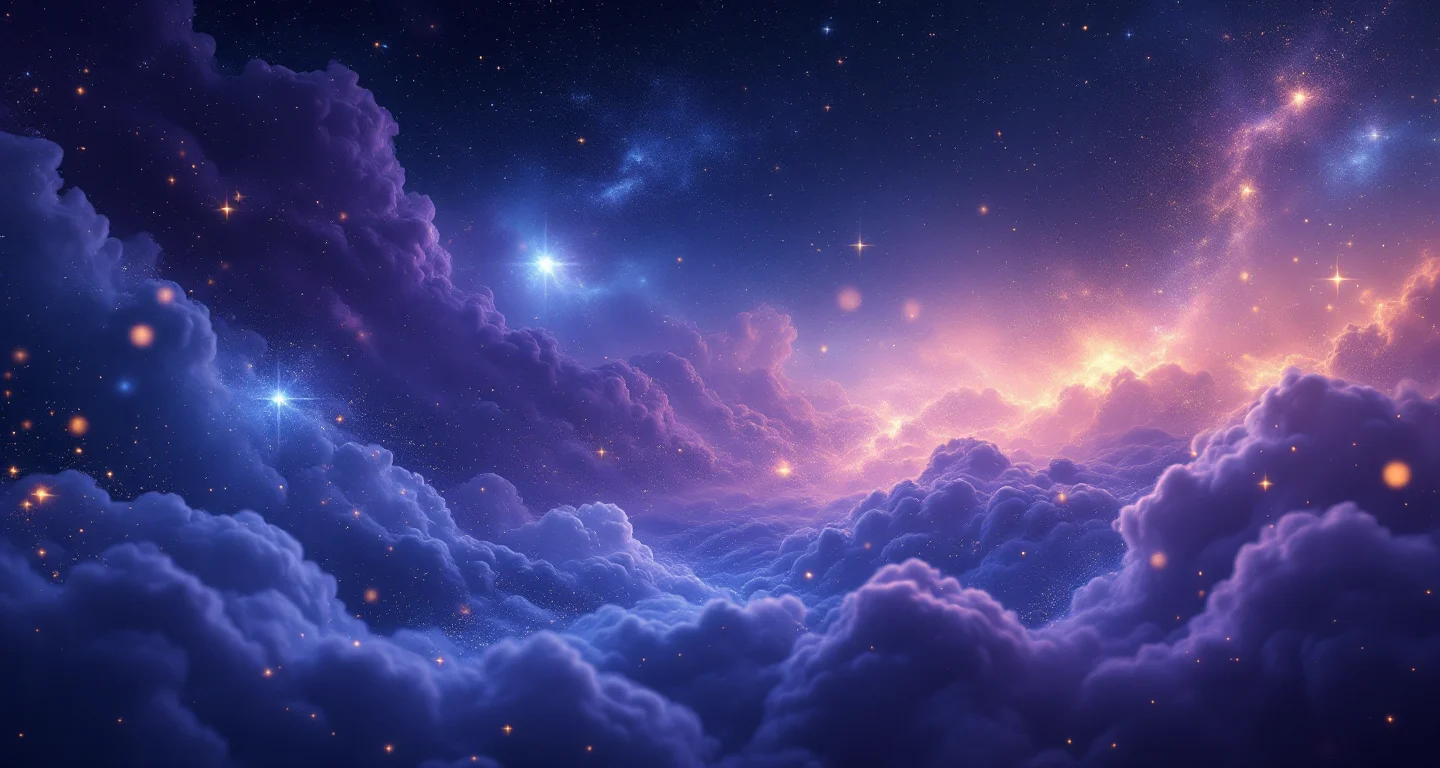 Rüyada Teyze Görmek sembolünü temsil eden, mor-magenta bulutsu ve altın yıldızlardan oluşan atmosferik rüya sahnesi.