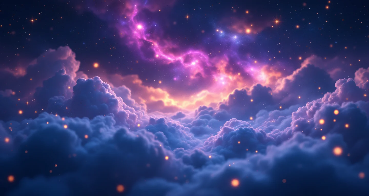Rüyada Teyzesinin Hamile Olduğunu Görmek sembolünü temsil eden, mor-magenta bulutsu ve altın yıldızlardan oluşan atmosferik rüya sahnesi.
