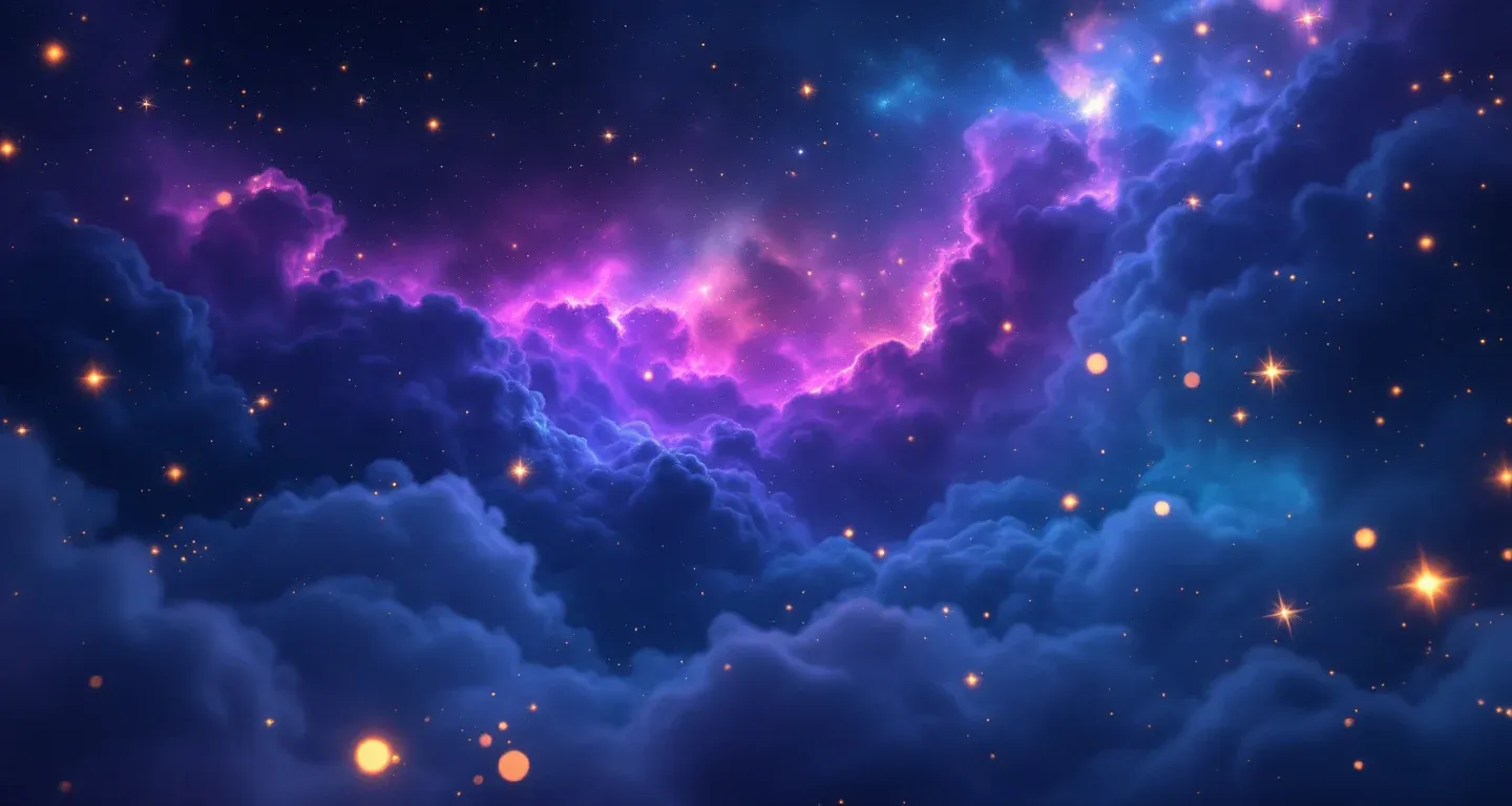 Atmosphärische Traumlandschaft mit violett-magenta Nebel und goldenen Sternen, die das Symbol des davonlaufenden Fuchses im Traum darstellt.