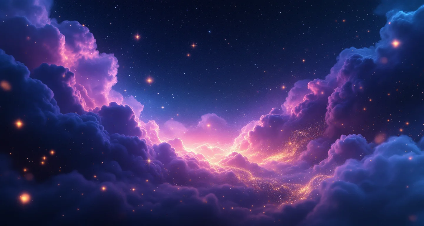 Rüyada Timsah Görmek sembolünü temsil eden, mor-magenta bulutsu ve altın yıldızlardan oluşan atmosferik rüya sahnesi.