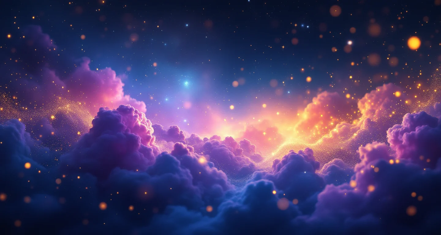 Rüyada Tırnak Kesmek Görmek sembolünü temsil eden, mor-magenta bulutsu ve altın yıldızlardan oluşan atmosferik rüya sahnesi.